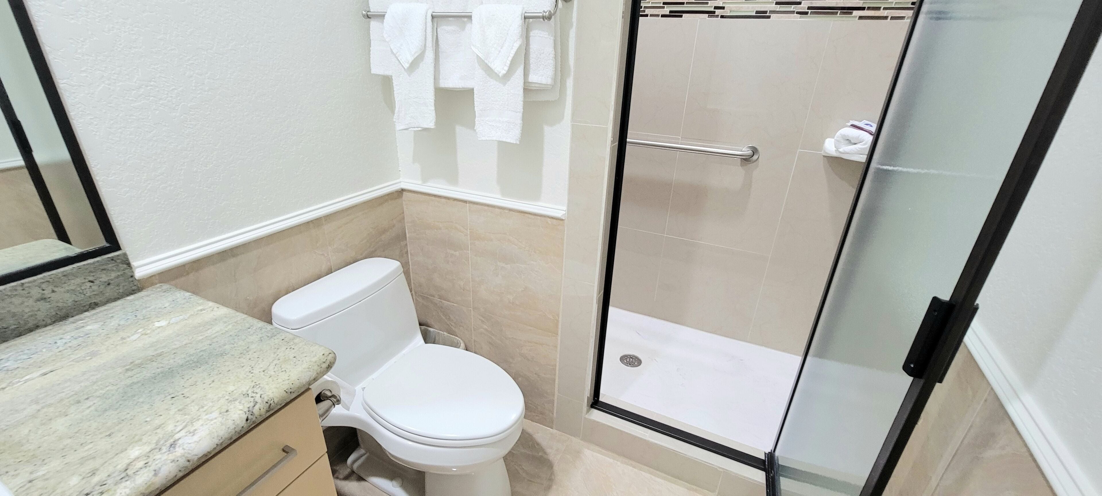 A bathroom with a toilet, a shower with a glass door, and a marble countertop.