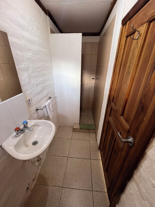 A bathroom with a sink, a shower, and a wooden door. - La Casa Verde (Baños de Agua Santa)