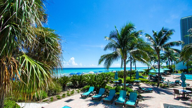 A beachside resort with lounge chairs, palm trees, and a view of the ocean. - The Tides by MiaRentals (Hollywood)