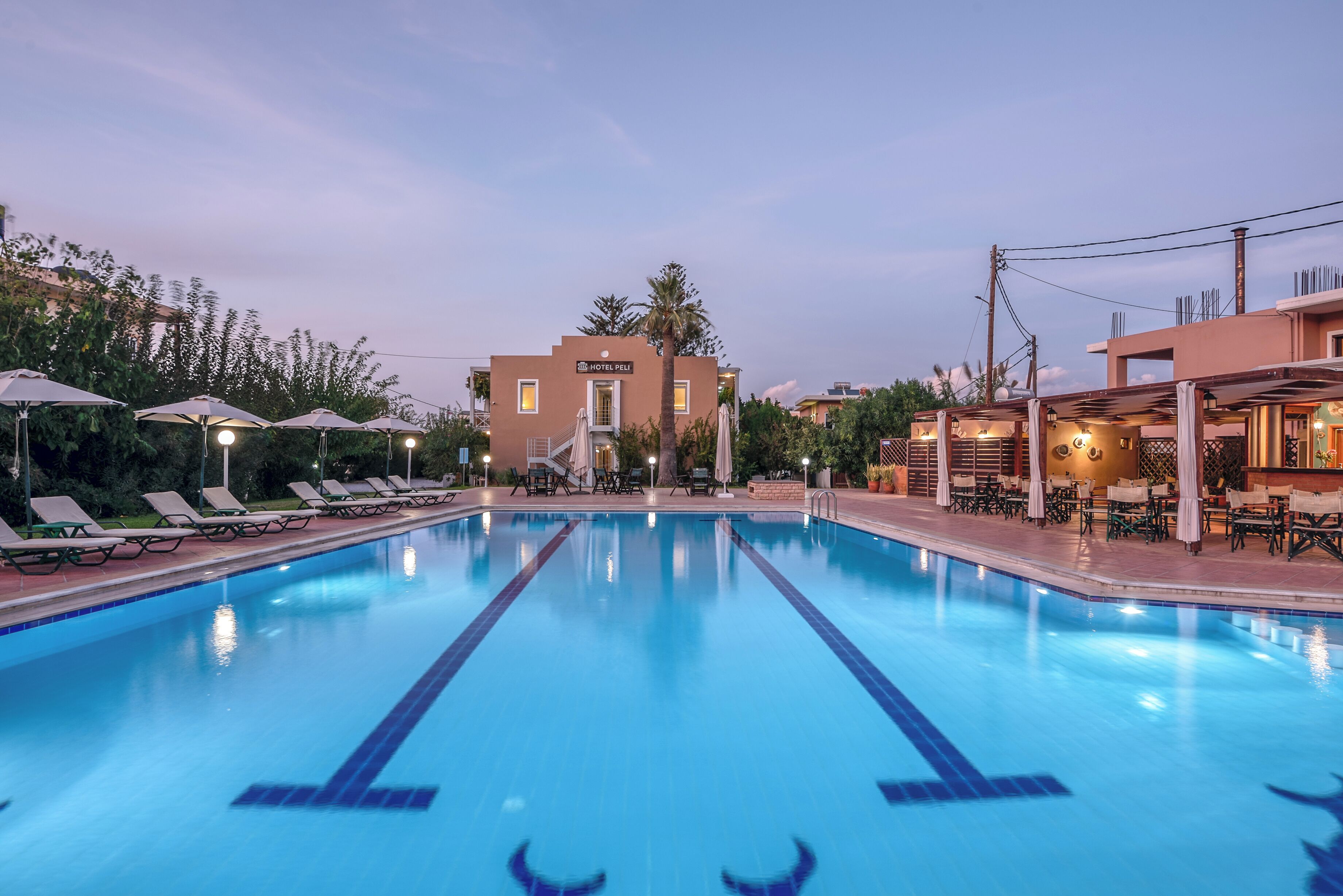 A swimming pool with lounge chairs and umbrellas, a building labeled "HOTEL PELI," and a covered seating area.