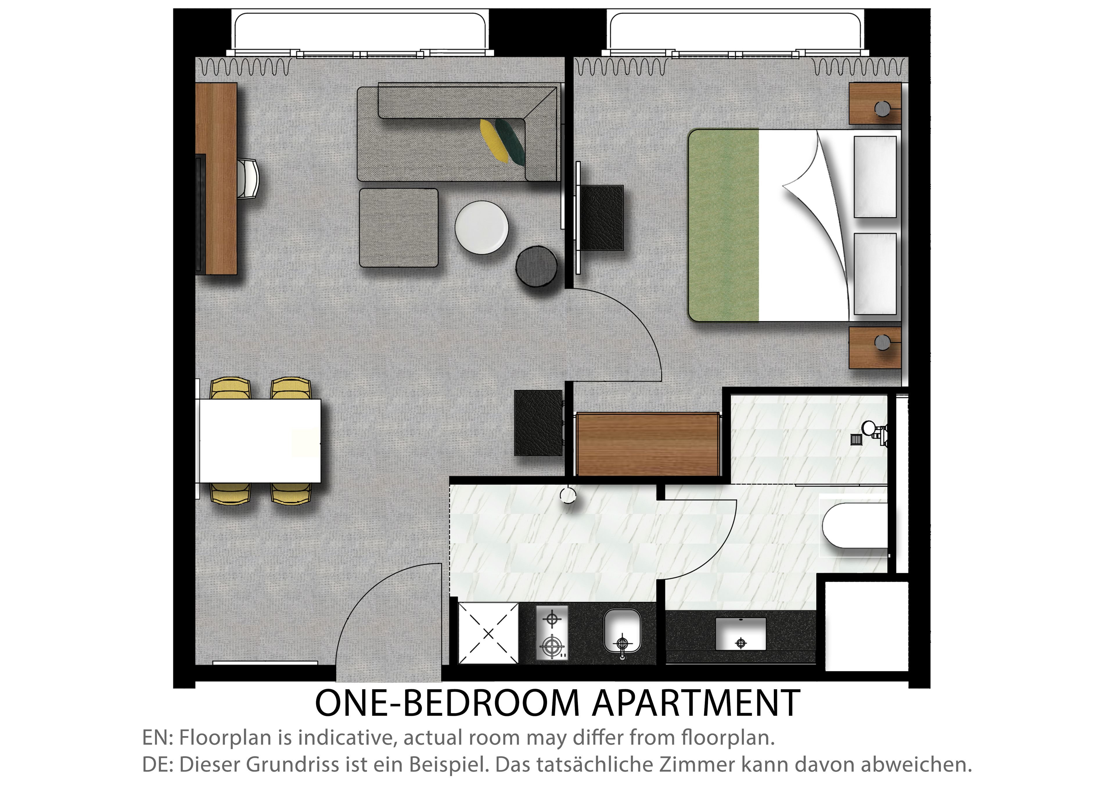 Grundriss einer Einzimmerwohnung mit Wohnzimmer, Essbereich, Küche und Badezimmer.