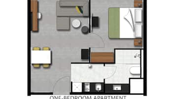 A one-bedroom apartment layout with a living room, dining area, kitchen, and bathroom.