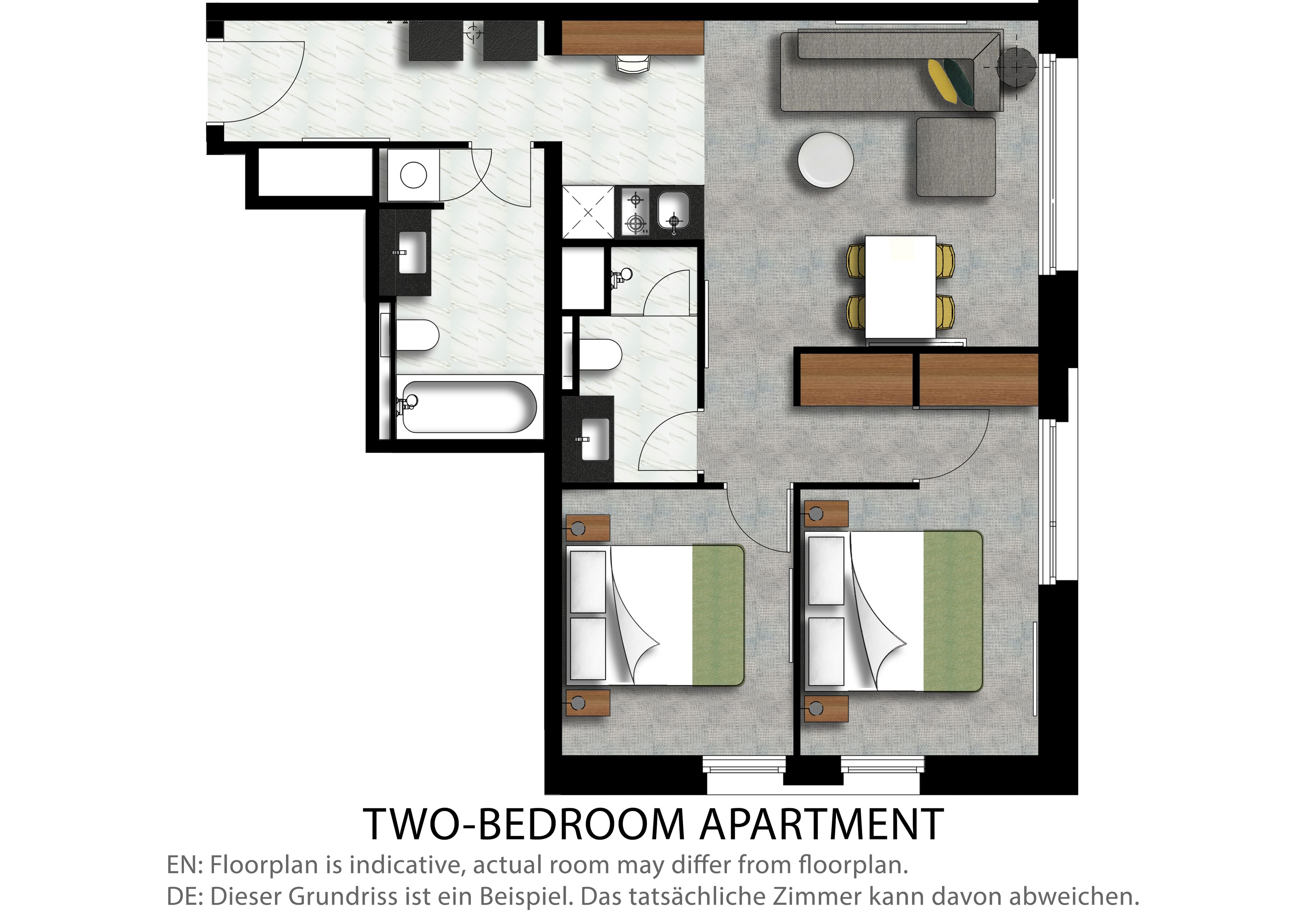 A two-bedroom apartment layout with a living room, kitchen, two bedrooms, and a bathroom.