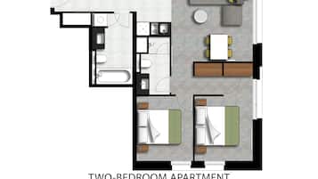 A two-bedroom apartment layout with a living room, kitchen, two bedrooms, and a bathroom.