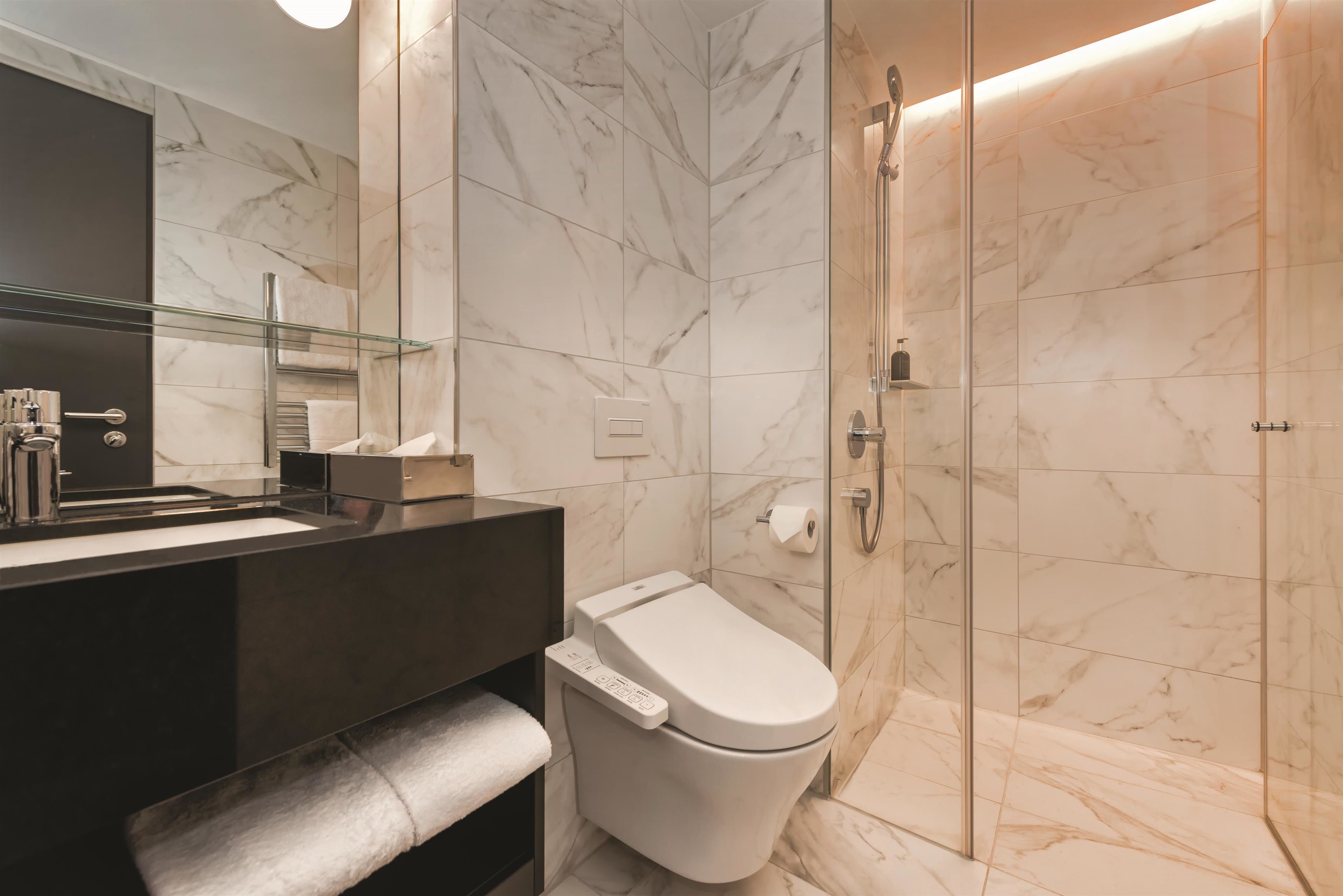 Shower, free toiletries, hair dryer, towels