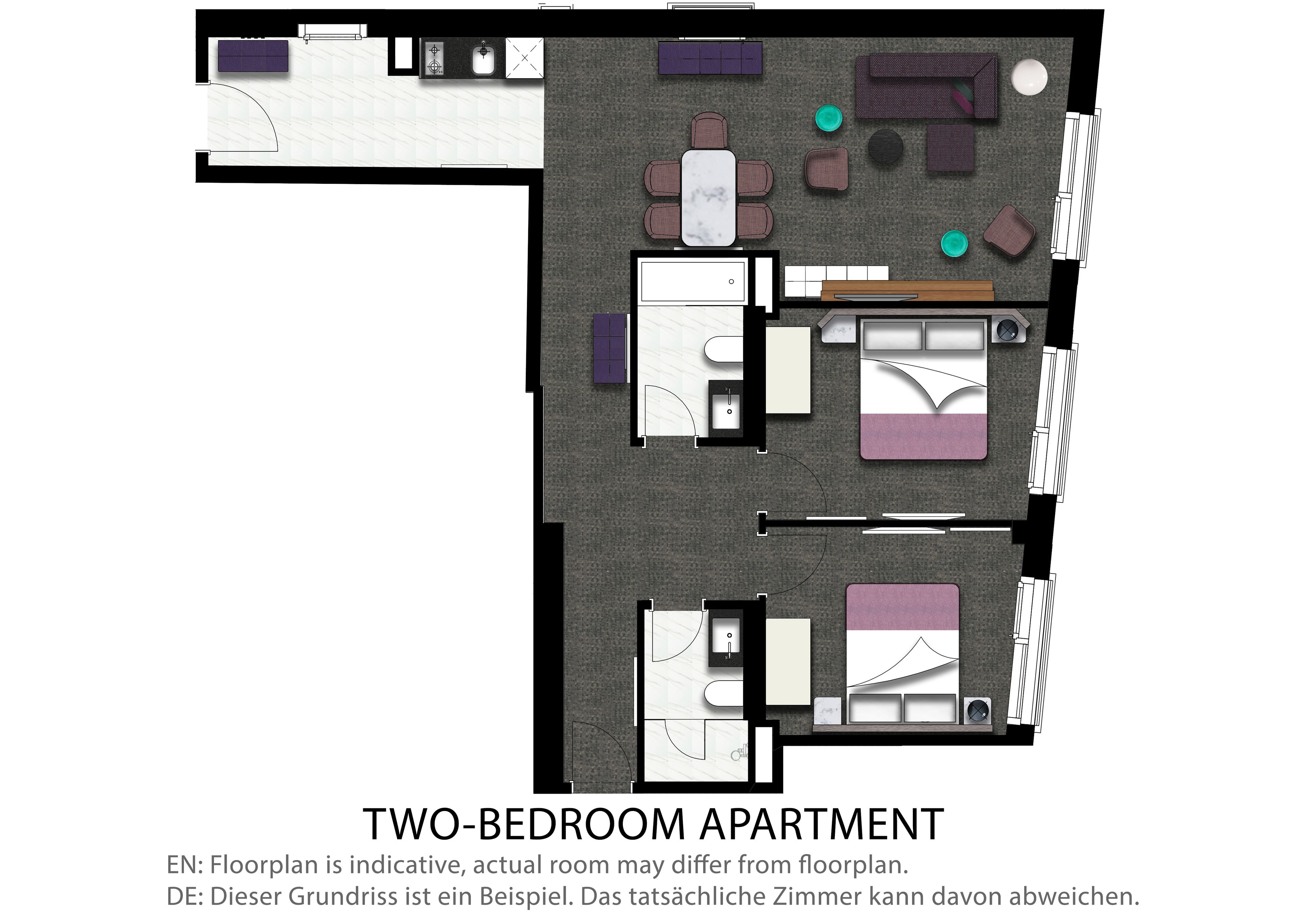 Un appartement comprenant deux chambres, un salon, une salle de bain et une cuisine.
