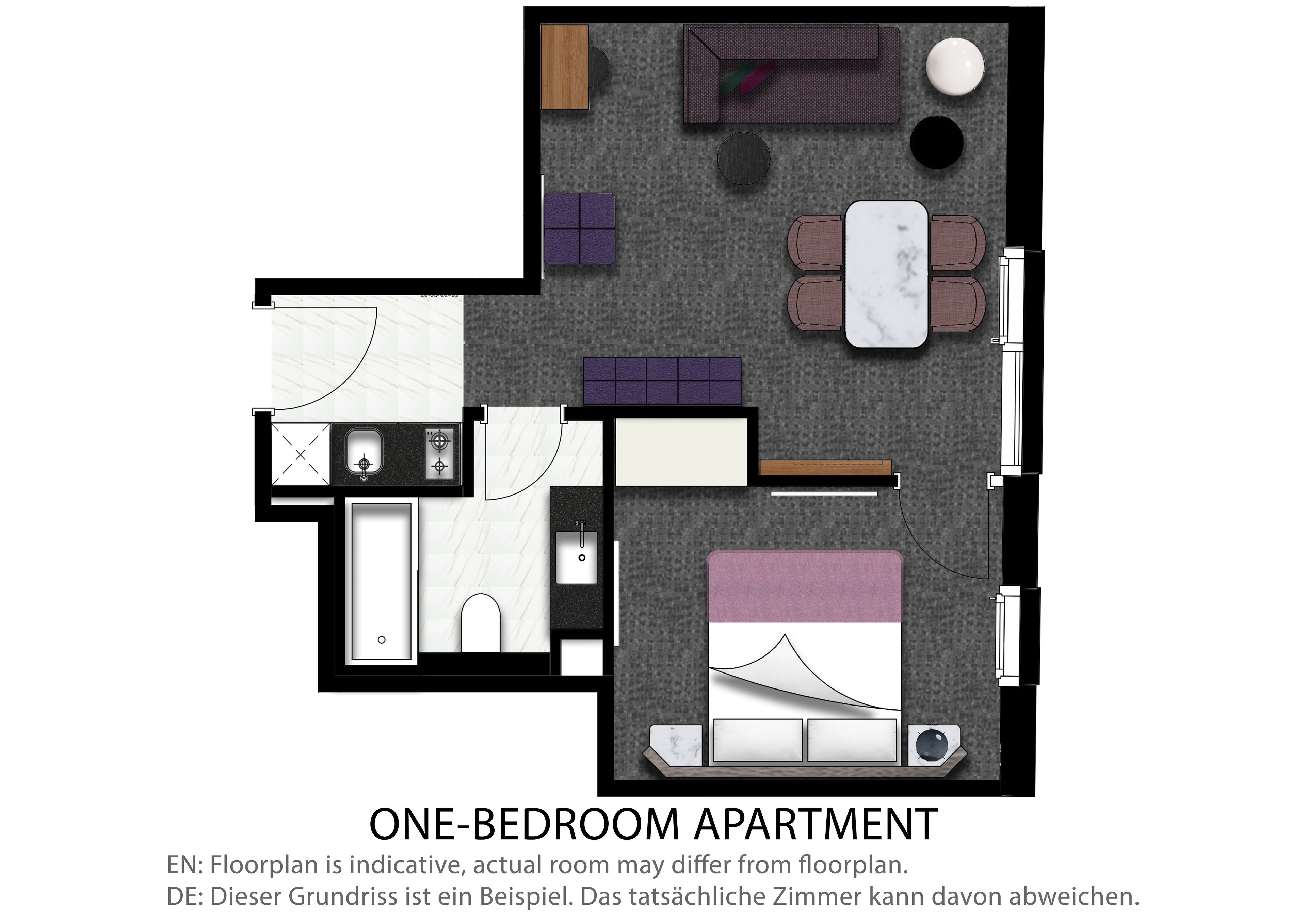Grundriss einer Ein-Zimmer-Wohnung mit Wohnzimmer, Essbereich, Küche und Bad.