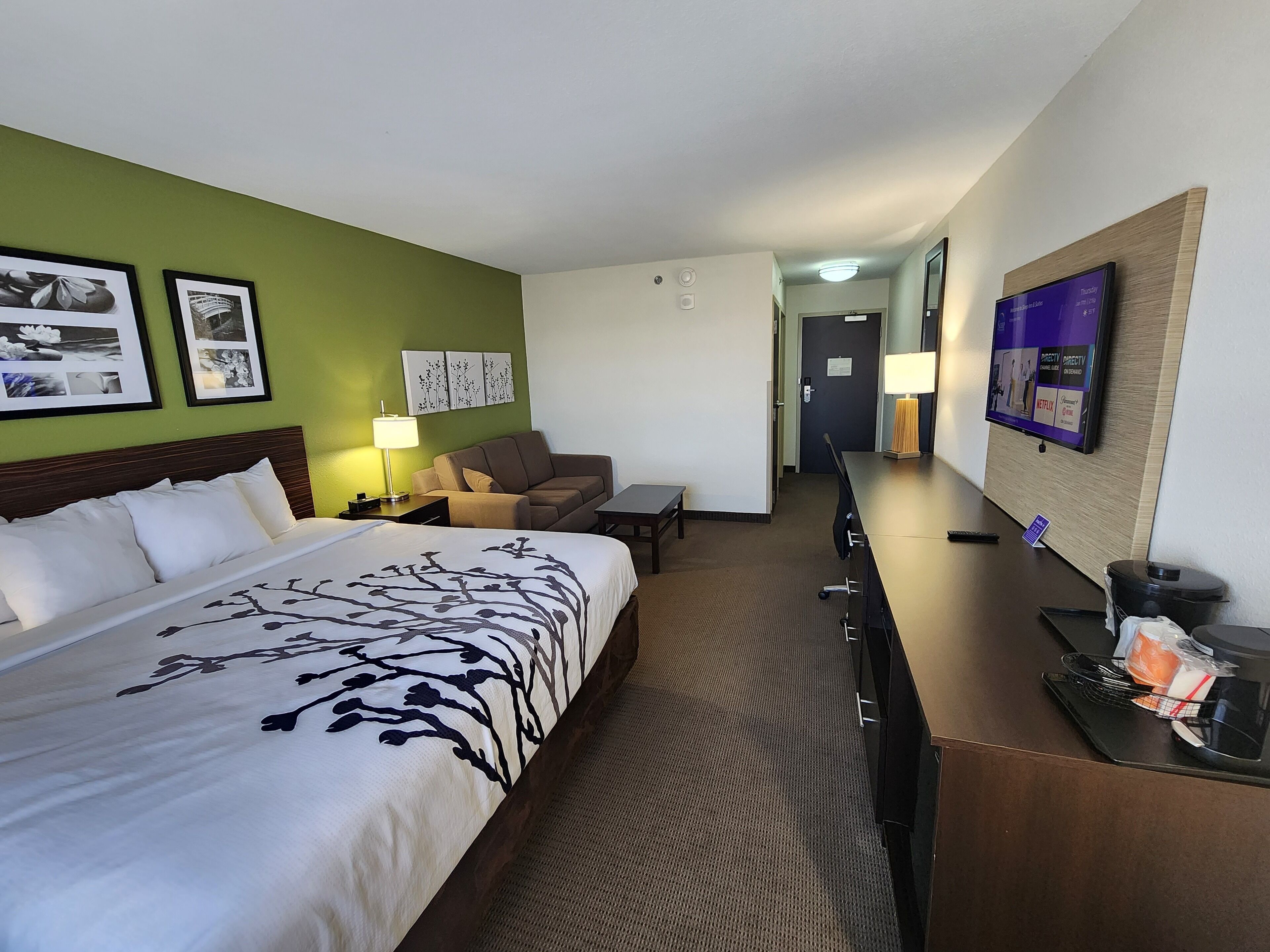 desk, laptop workspace, blackout curtains, iron/ironing board