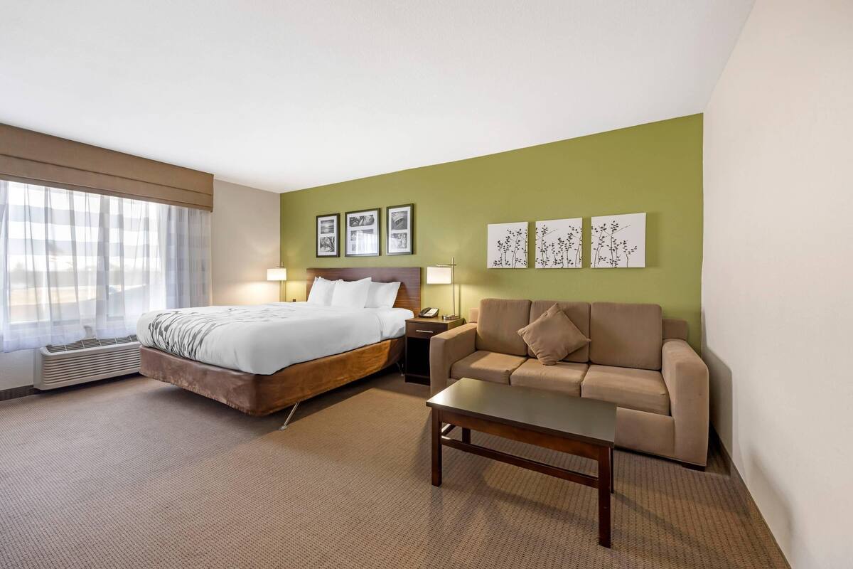 A hotel room with a bed, a sofa, a coffee table, and wall art.
