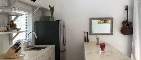Una cocina con refrigerador, lavamanos y una pequeña isla con un florero.