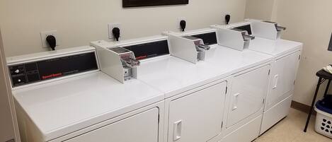 A row of white commercial dryers with control panels, a framed picture on the wall, and a laundry basket on the floor.