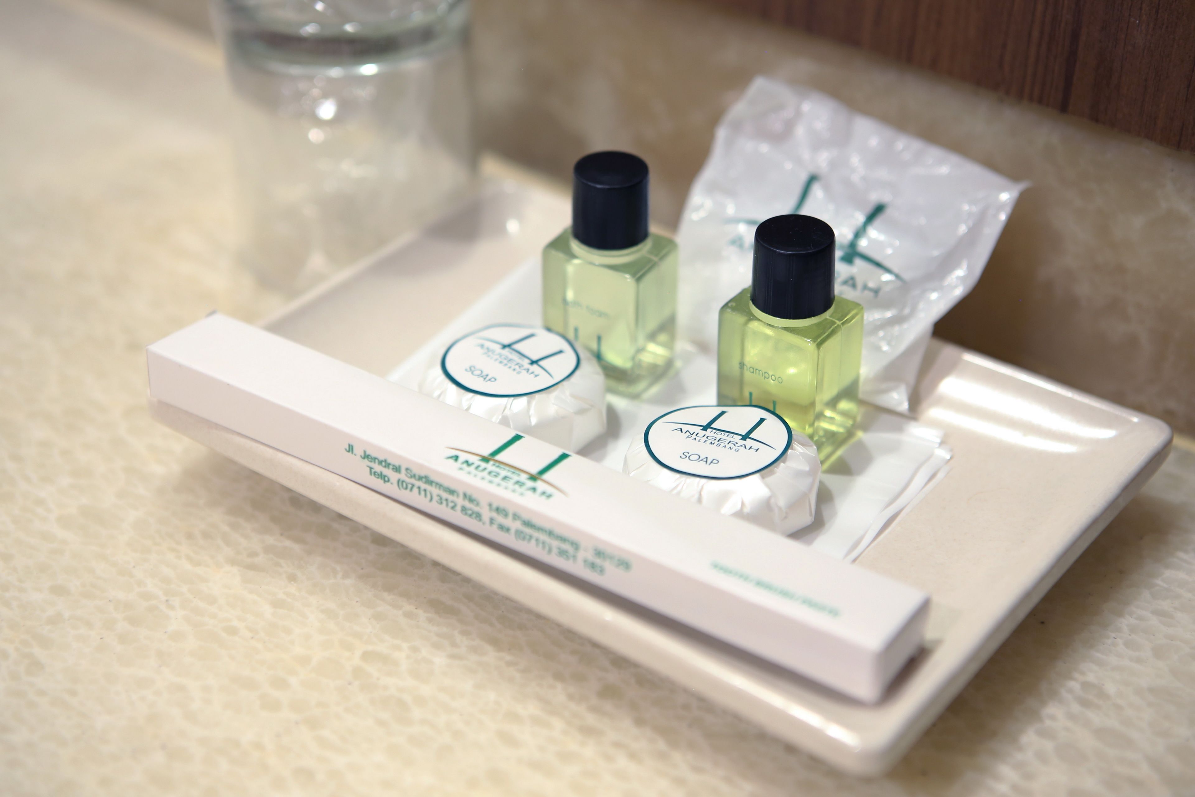 Toiletries including a bottle of shampoo, a bottle of conditioner, and a bar of soap on a tray.