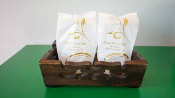 Two glass cover bags in a wooden box.