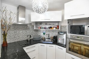 Großer Kühlschrank, Mikrowelle, Ofen, Herdplatte