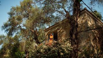 Um edifício de pedra com uma estátua na varanda, rodeado por árvores e vegetação.