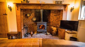 A cozy room with a brick fireplace, a television, and a bed.