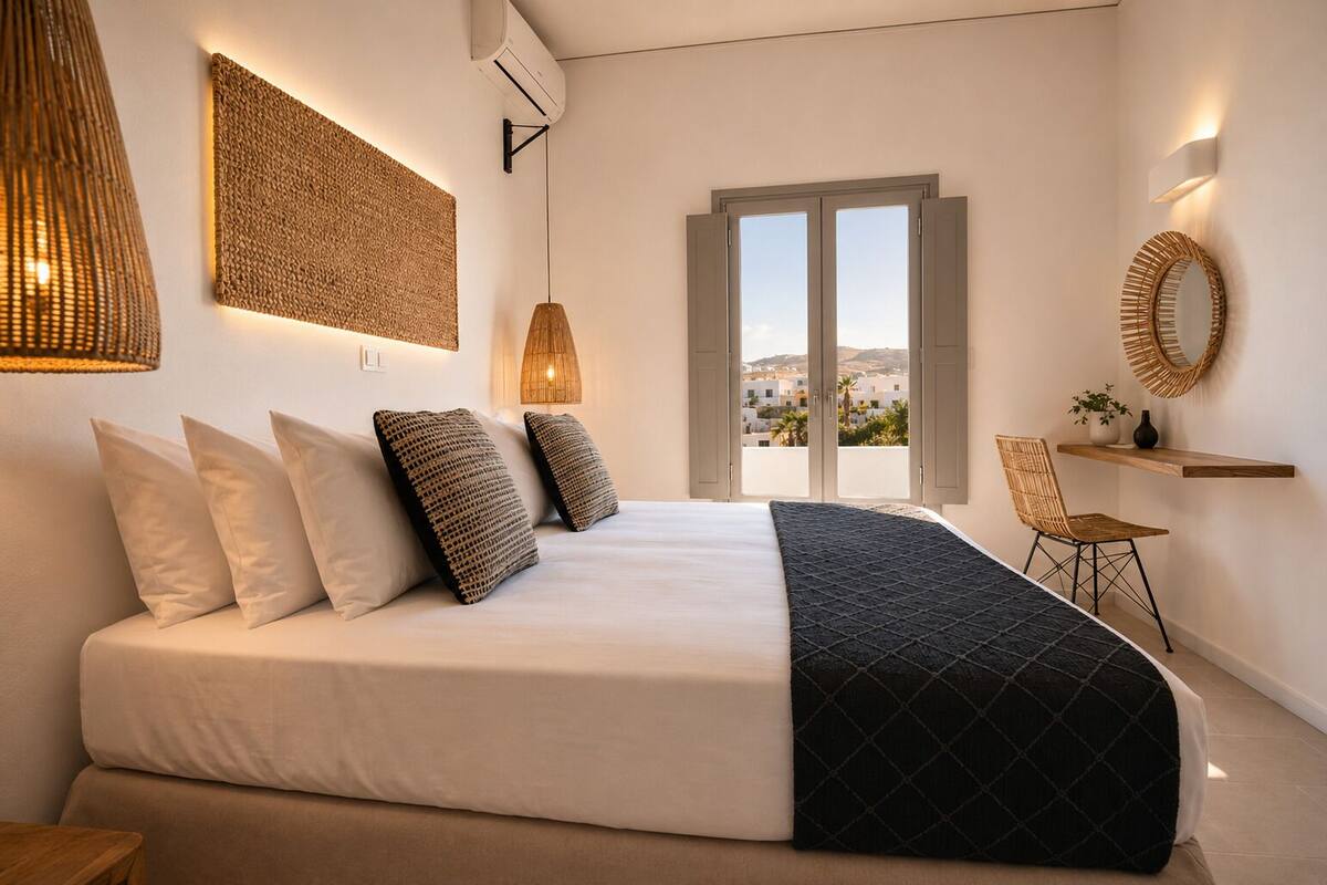 A bedroom with a bed, pillows, a bedside lamp, a window with a view, a chair, and a shelf with decorative items.