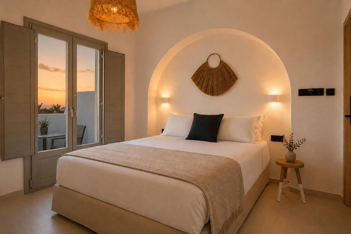 A bedroom with a bed, a bedside table with a vase, a wall-mounted light fixture, and a view through a door.
