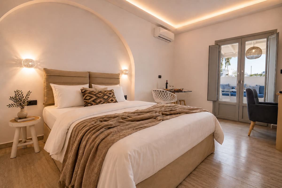 A modern bedroom with a large bed, bedside tables, a small table with a chair, and a view through a glass door.