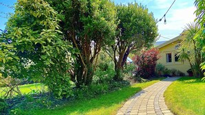 Un sendero pavimentado que conduce a una casa rodeada de abundante vegetación y árboles.