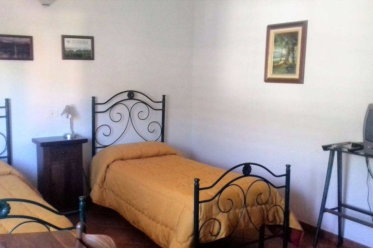 Une chambre avec deux lits, un petit bureau et une télévision.