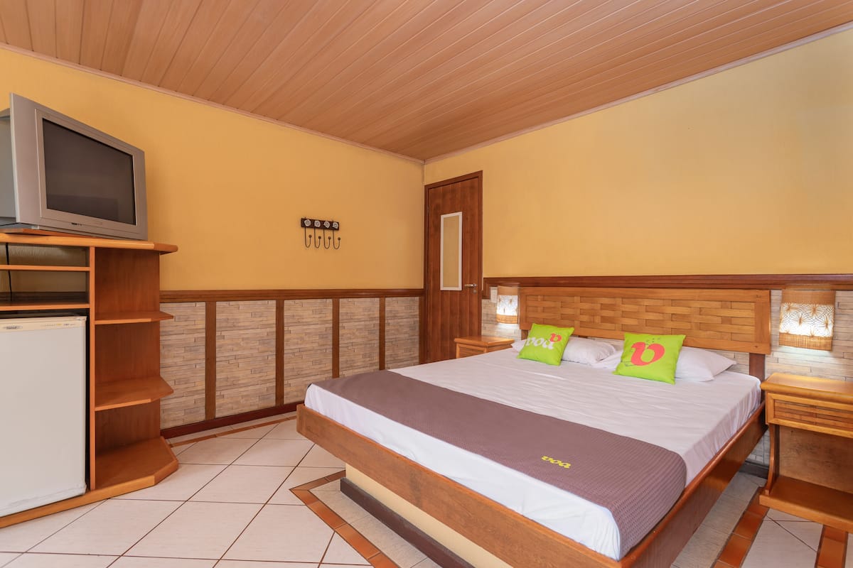 Une chambre avec un lit en bois, un téléviseur posé sur un meuble et un mur en briques.
