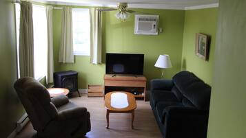 A living room with a television, a sofa, a chair, a small table, and a heater.