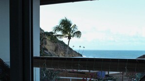 Una hamaca en un balcón con vista al litoral, una palmera y el océano.