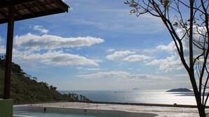 Une piscine avec vue sur la mer et un arbre au premier plan.