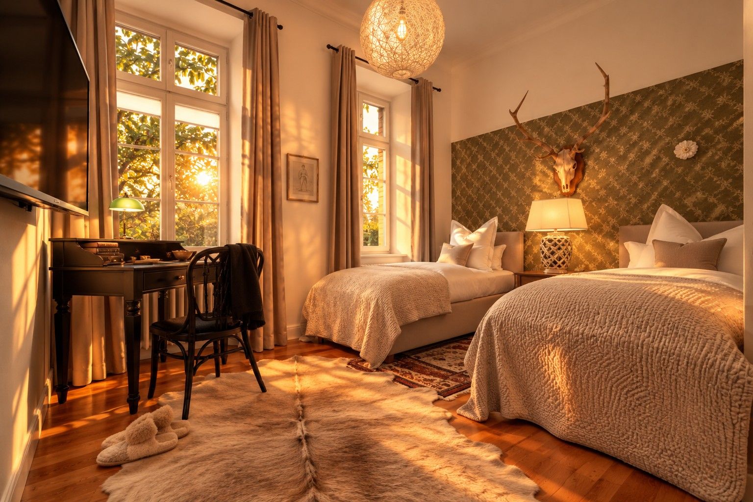 A bedroom with two beds, a desk, a chair, a lamp, and a deer skull wall decoration.