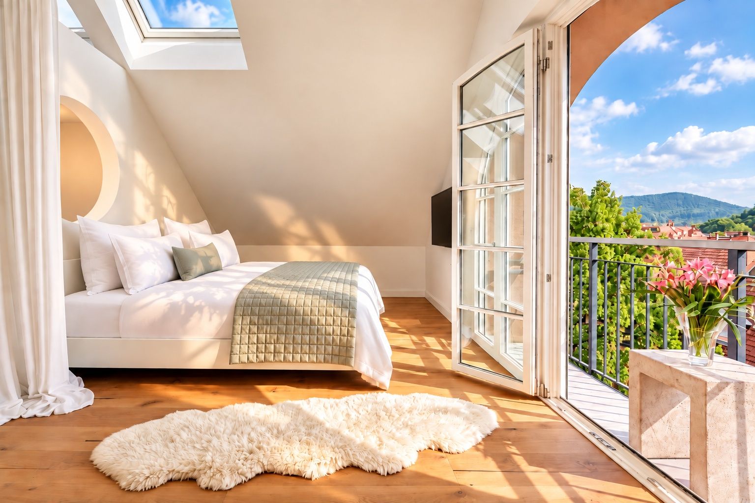 A bedroom with a bed, a large window, and a balcony with a view of greenery and mountains.