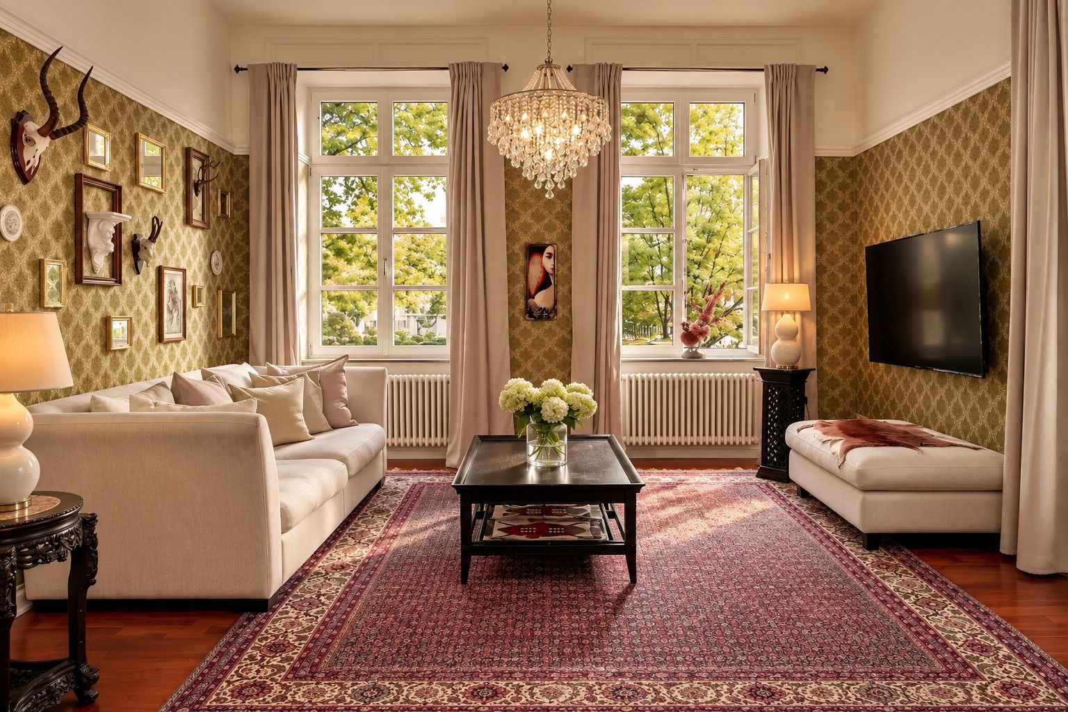 A living room with a sofa, a coffee table, a chandelier, and a TV mounted on the wall.