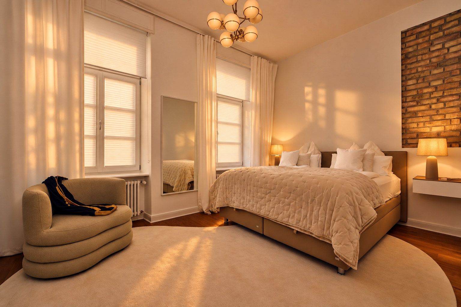 Ein Schlafzimmer mit einem großen Bett, einem Sessel, einem Spiegel und einer Ziegelwand.