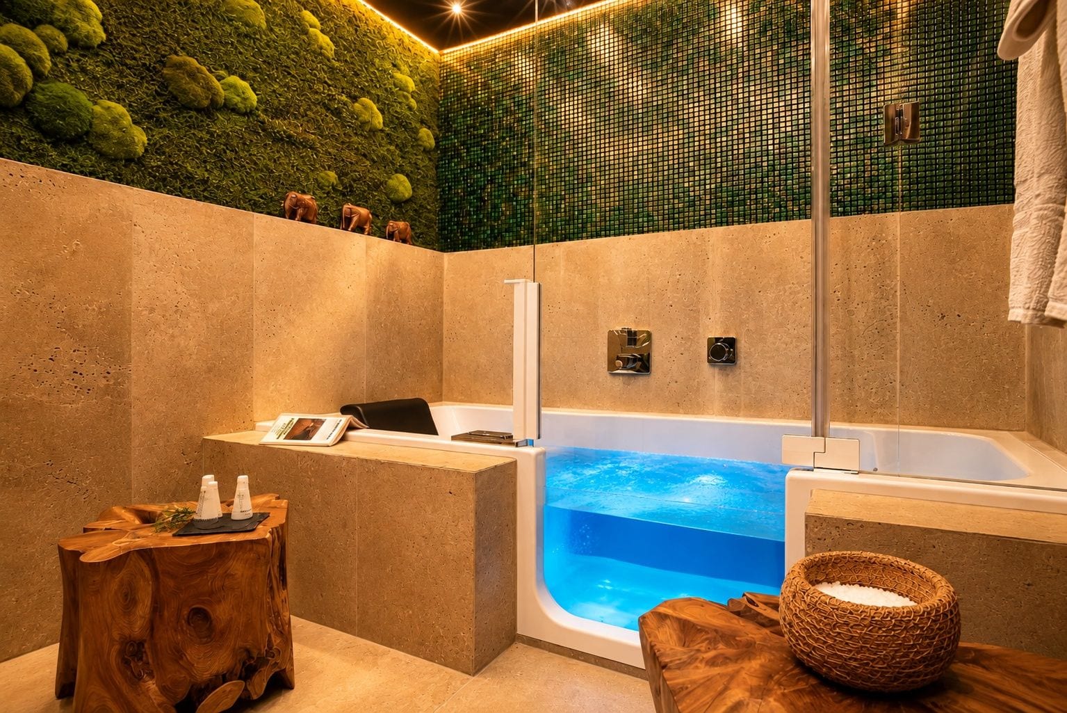 Un baño moderno con una bañera grande, un taburete de madera y una mesita con un libro y botellas.