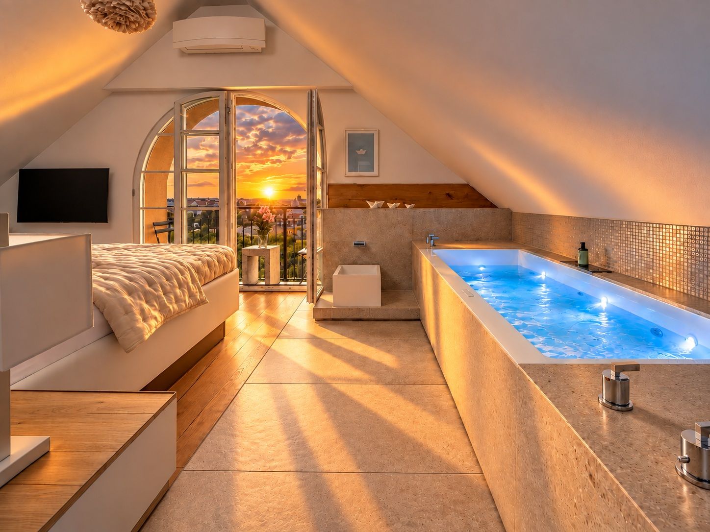 A modern bedroom with a large bed, a bathtub, and a balcony with a sunset view.