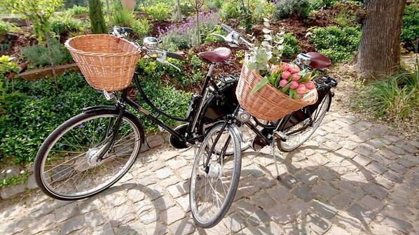 A bicycle with baskets on the front and back, parked on a cobblestone path. - Boutique Suites and Residences Heidelberg – Alte Zigarrenmanufaktur (Heidelberg)
