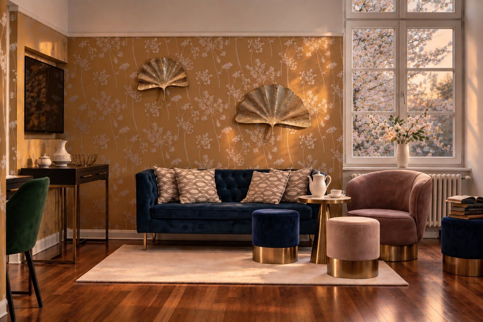 Een kamer met een donkerblauwe bank, een roze fauteuil, een ronde tafel en een decoratieve wand met bloemmotieven.