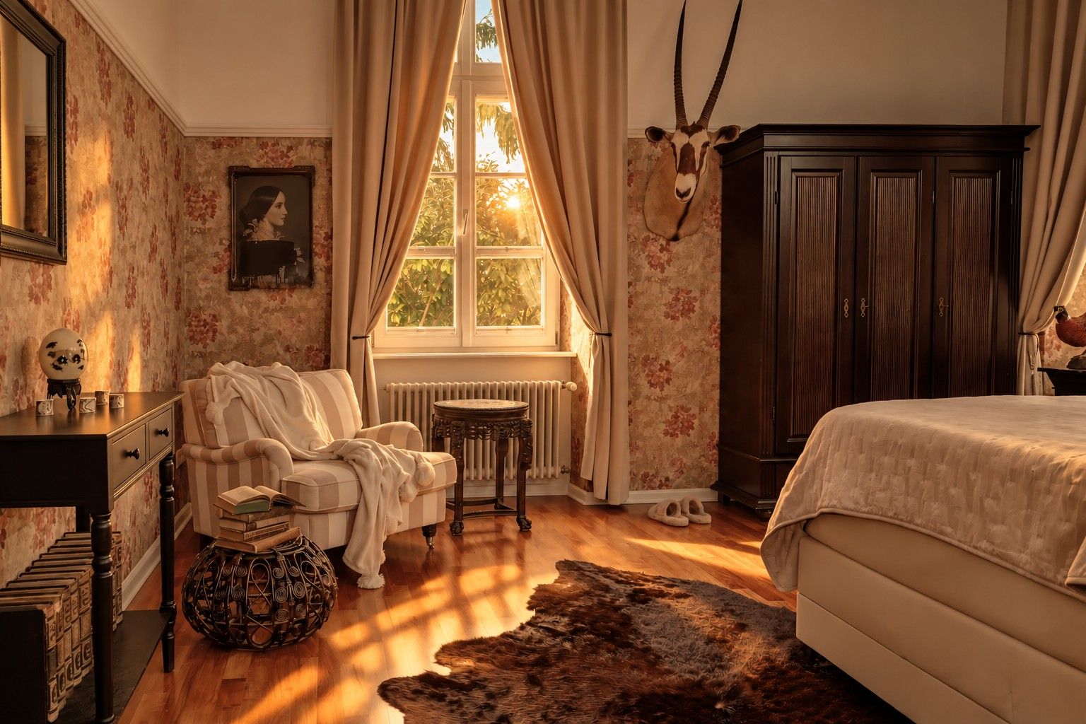 Een kamer met een bed, een stoel, een radiator, een raam met gordijnen en een aan de muur bevestigd dierenhoofd.