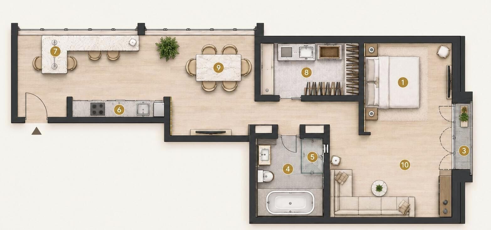 Plano de planta de una habitación de hotel con cocina, comedor y baño.