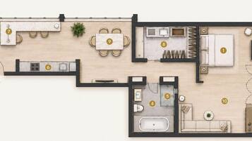 Plano de planta de una habitación de hotel con cocina, comedor y baño.