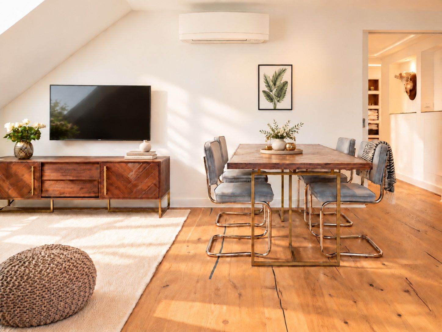Un comedor con una mesa de madera, sillas tapizadas en azul, un televisor en la pared y una planta decorativa.