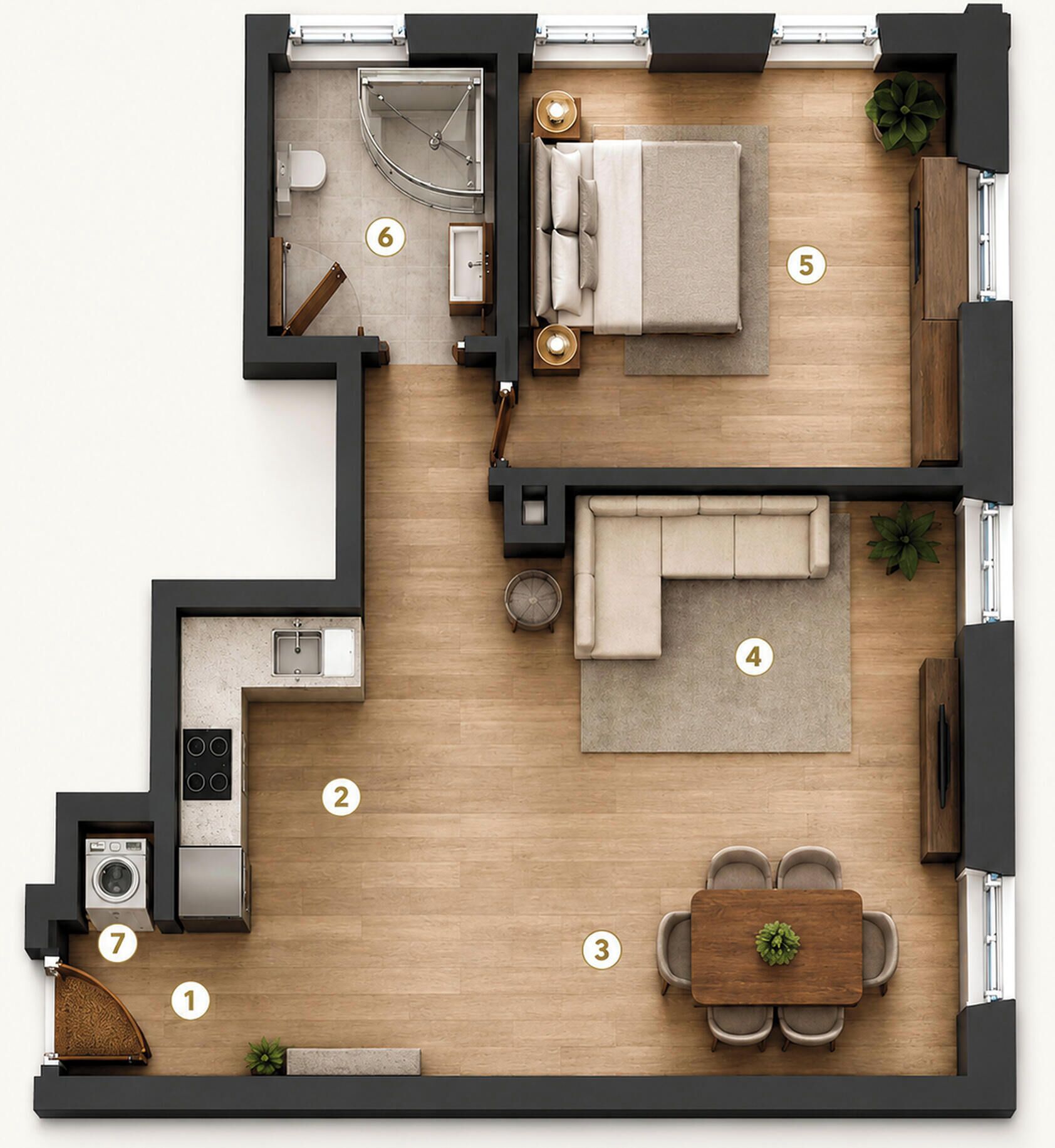 A floor plan of a modern apartment with a kitchen, living area, dining space, and a bathroom.