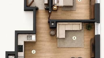A floor plan of a modern apartment with a kitchen, living area, dining space, and a bathroom.