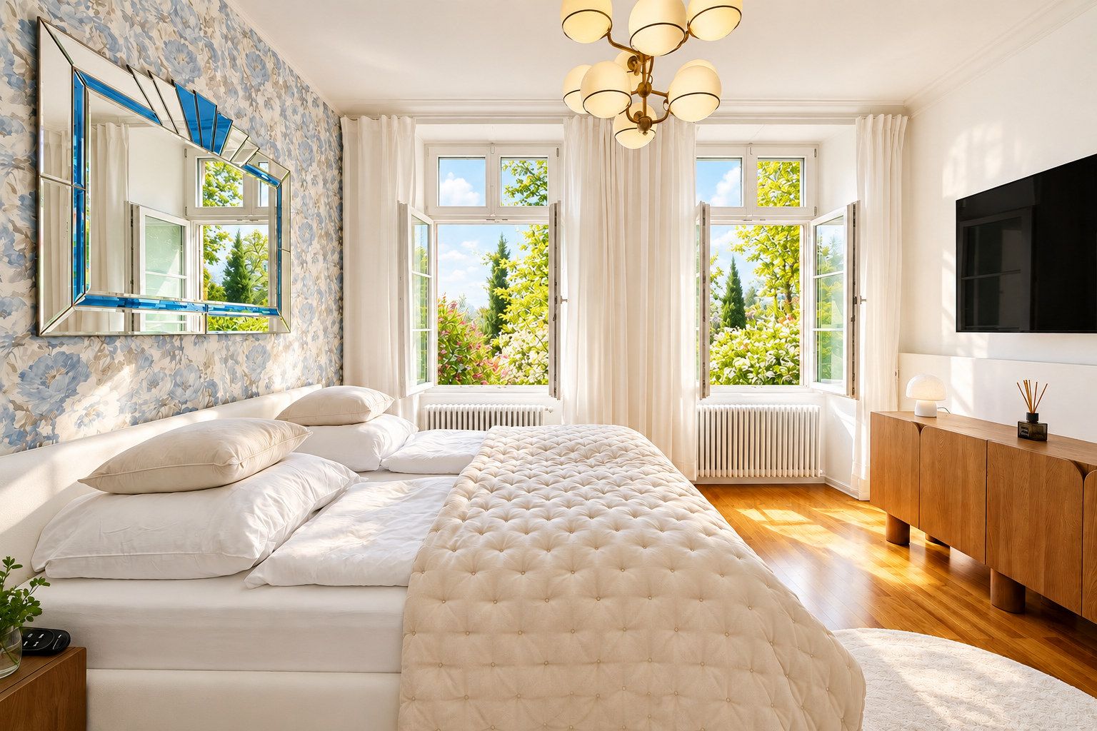 Quarto com cama grande, televisão, radiador e vista para árvores pelas janelas.