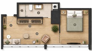 A compact hotel room with a bed, a small seating area, a desk, and a bathroom. - Boutique Suites and Residences Heidelberg – Alte Zigarrenmanufaktur (Heidelberg)