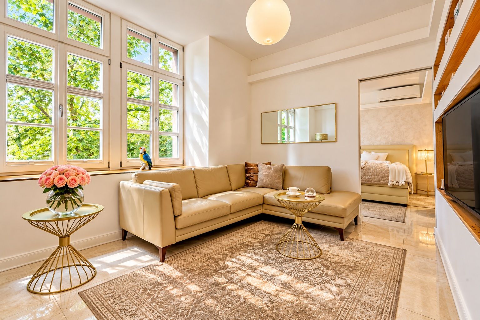 A modern living room with a beige sofa, a coffee table, a large window with a view of greenery, and a flat-screen TV.