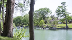 Un parco tranquillo con uno stagno, circondato da alberi alti e da un’area verde.