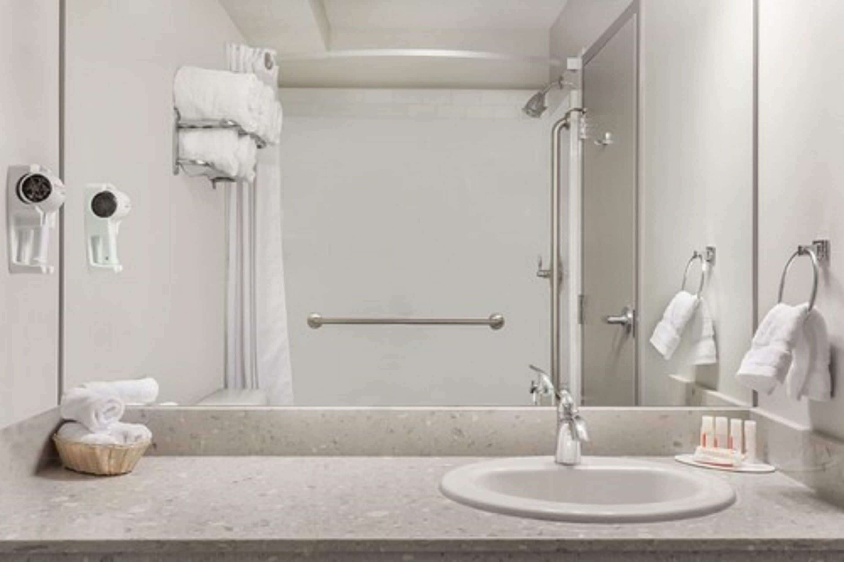 combined shower/bathtub, free toiletries, hair dryer, towels