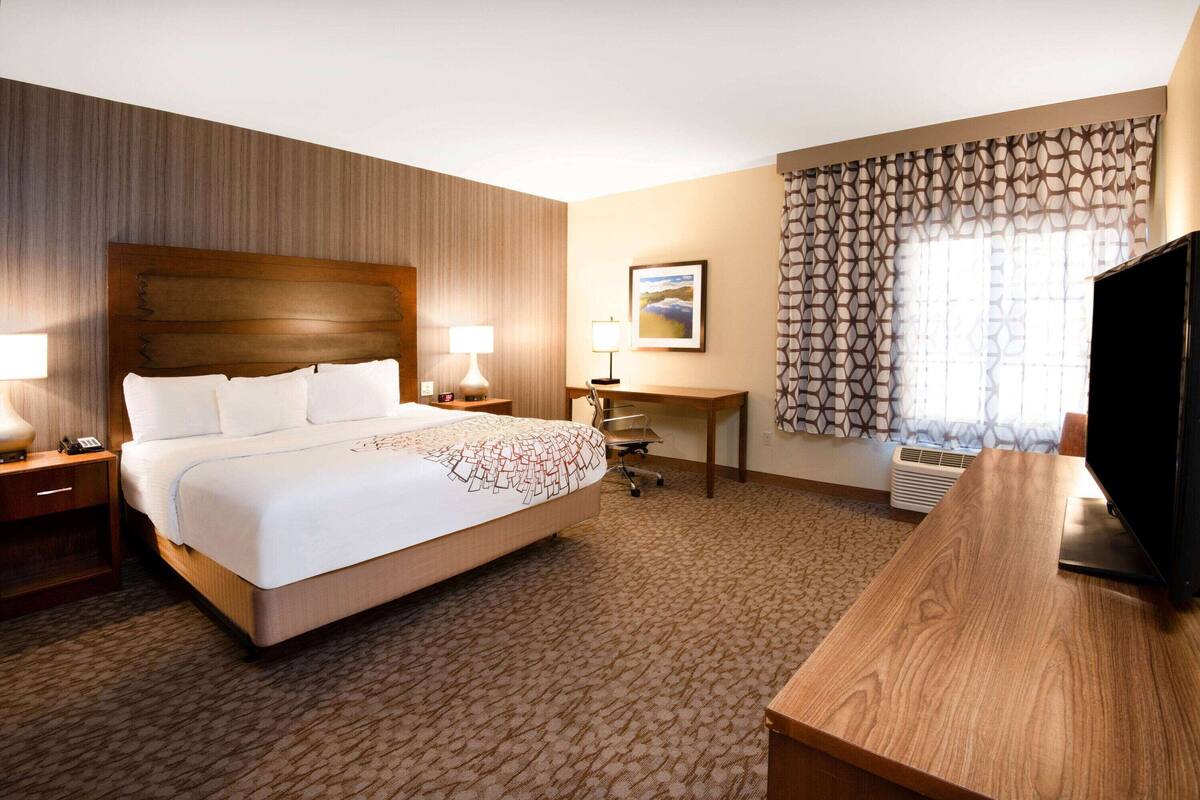 A hotel room with a large bed, a desk, a television, and a window with patterned curtains.