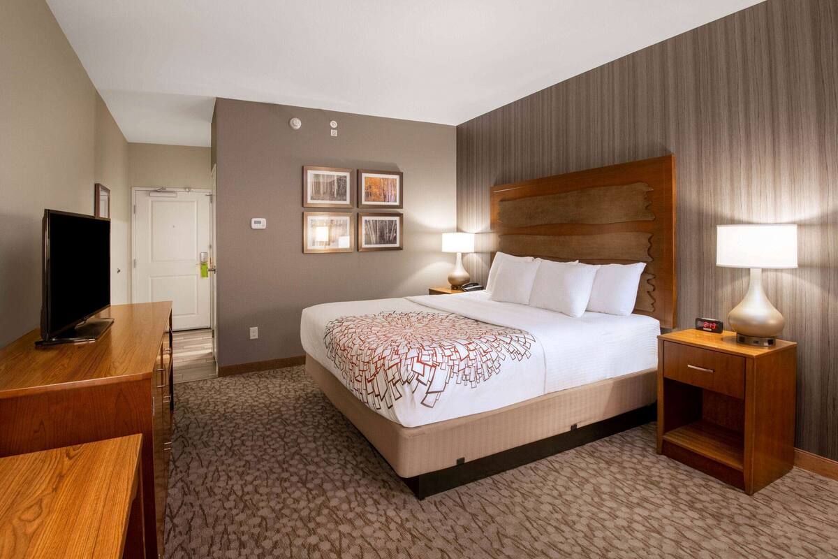 A hotel room with a bed, bedside tables, a desk, and a television.
